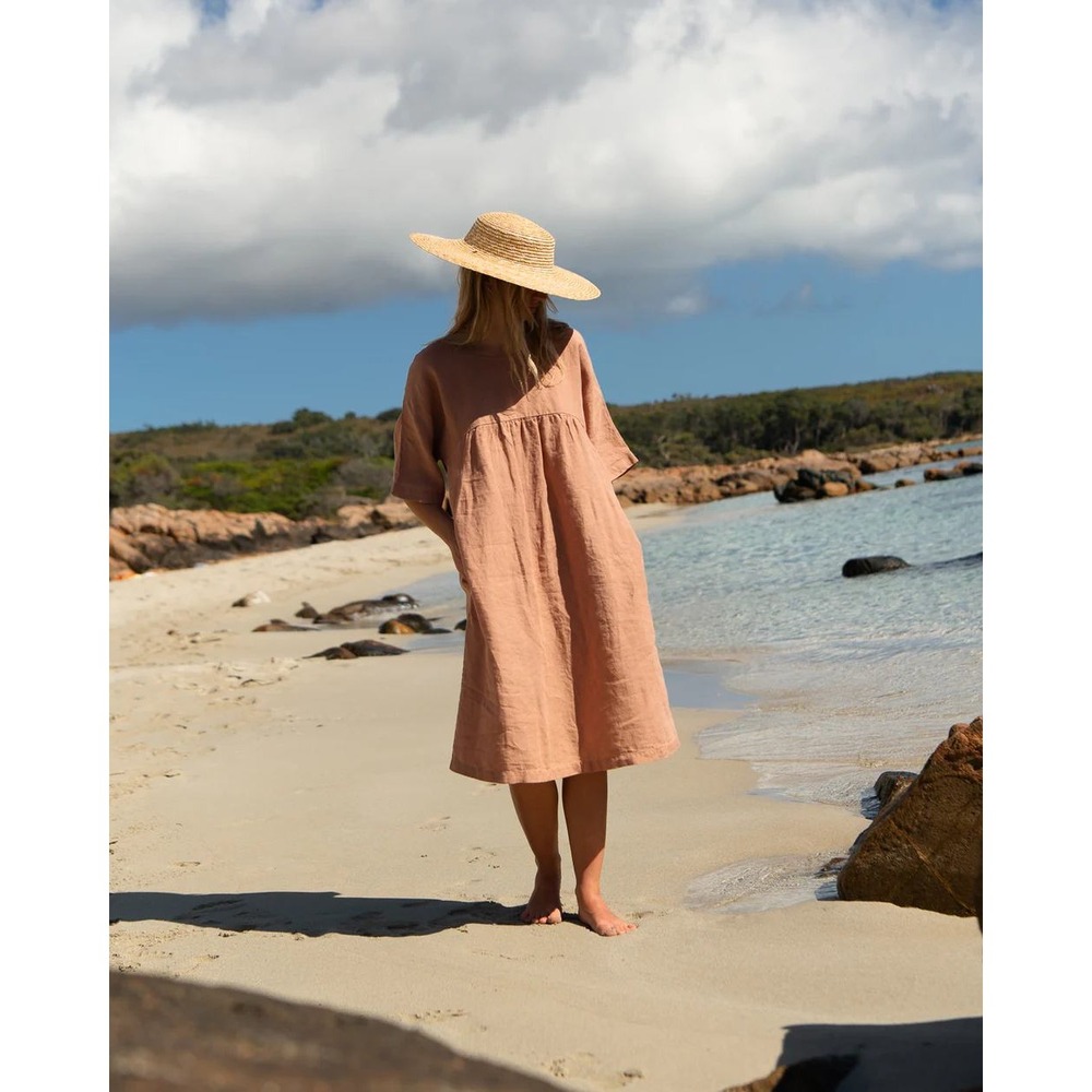 Sauths Kyoto Linen Dress Women S Dusty Pink Short Sleeve Empire Waist Pockets